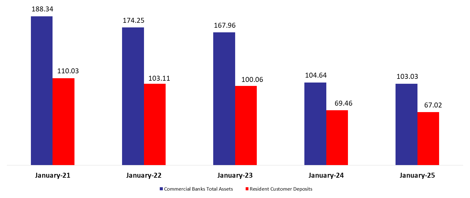 Lebanese Commercial Banks’ Total Assets Down Year on Year by 1.54% to $103.03B in January 2025